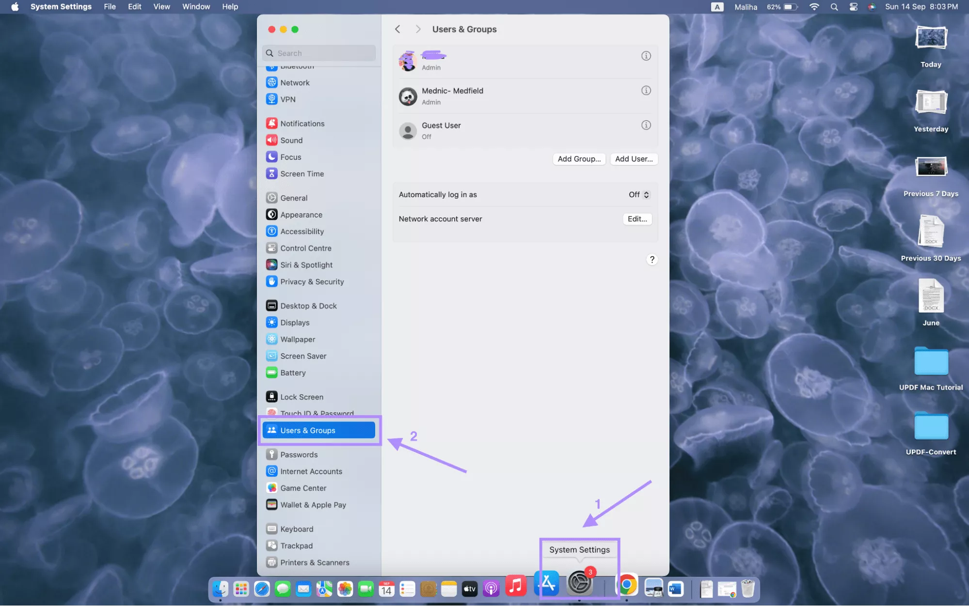 Alt text: open settings select user and groups mac