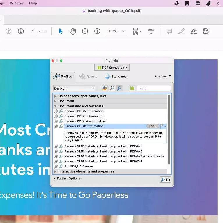 remove PDF/X information from the PDF with Adobe Acrobat