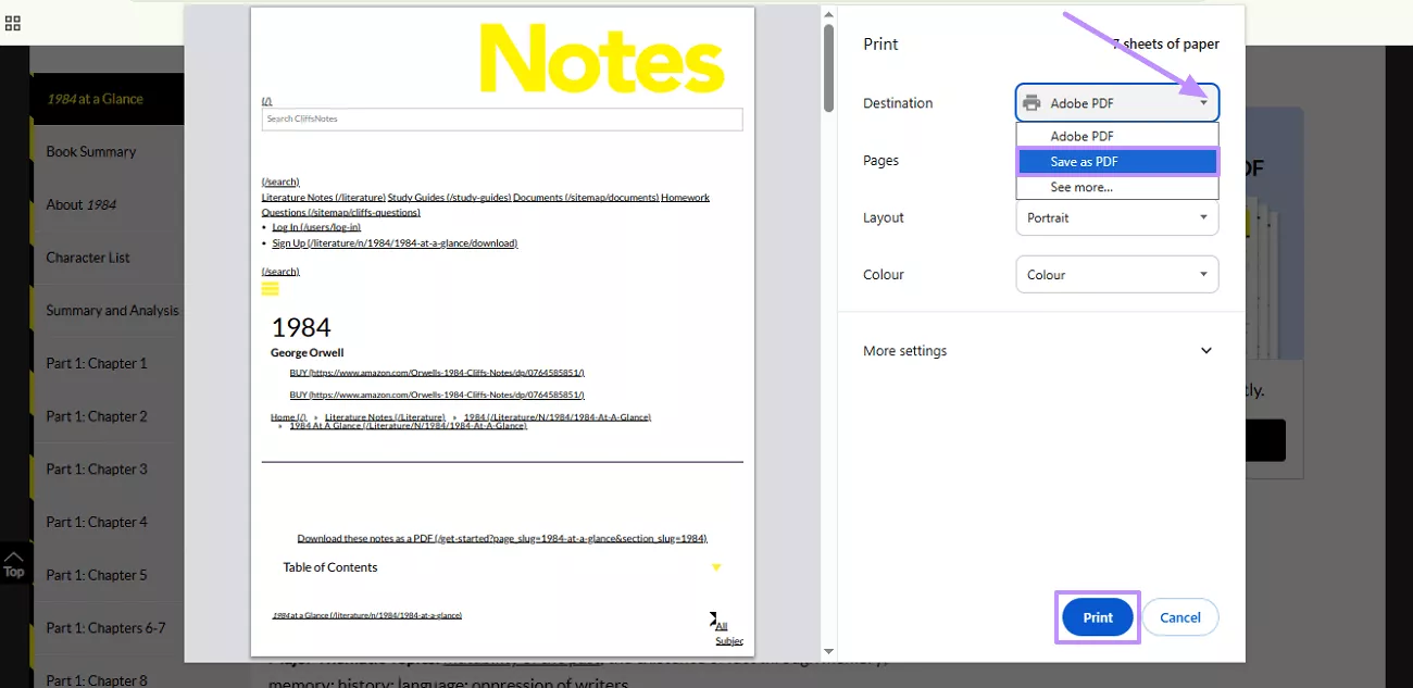 print page as pdf cliffsnotes