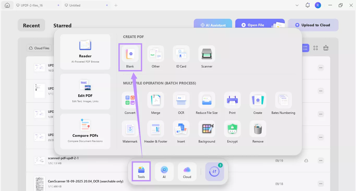 Alt-text: select blank under tools updf windows