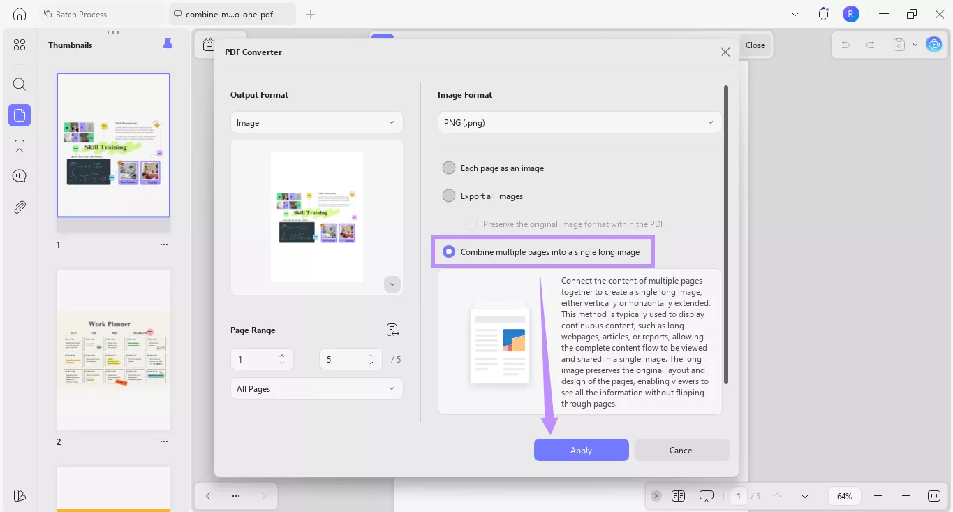 Alt-text: select combine multiple pages into a single long image and apply updf windows