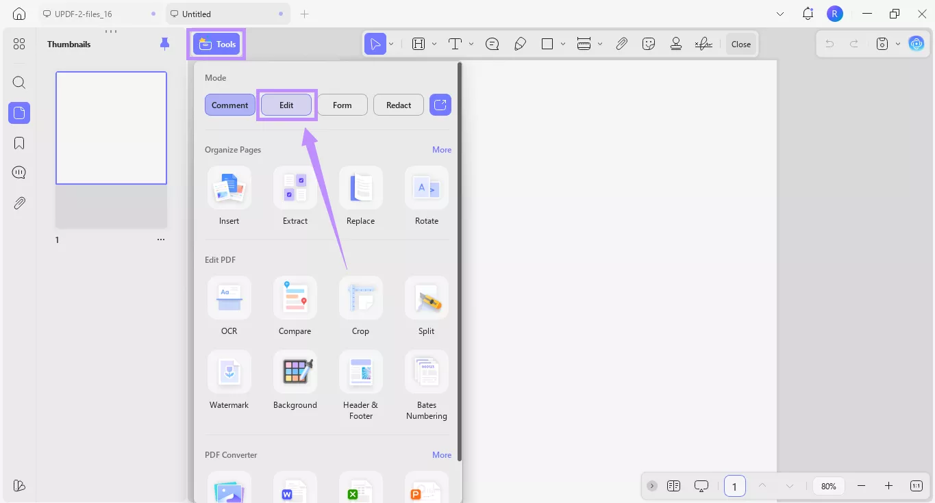 Alt-text: select edit under tools updf windows