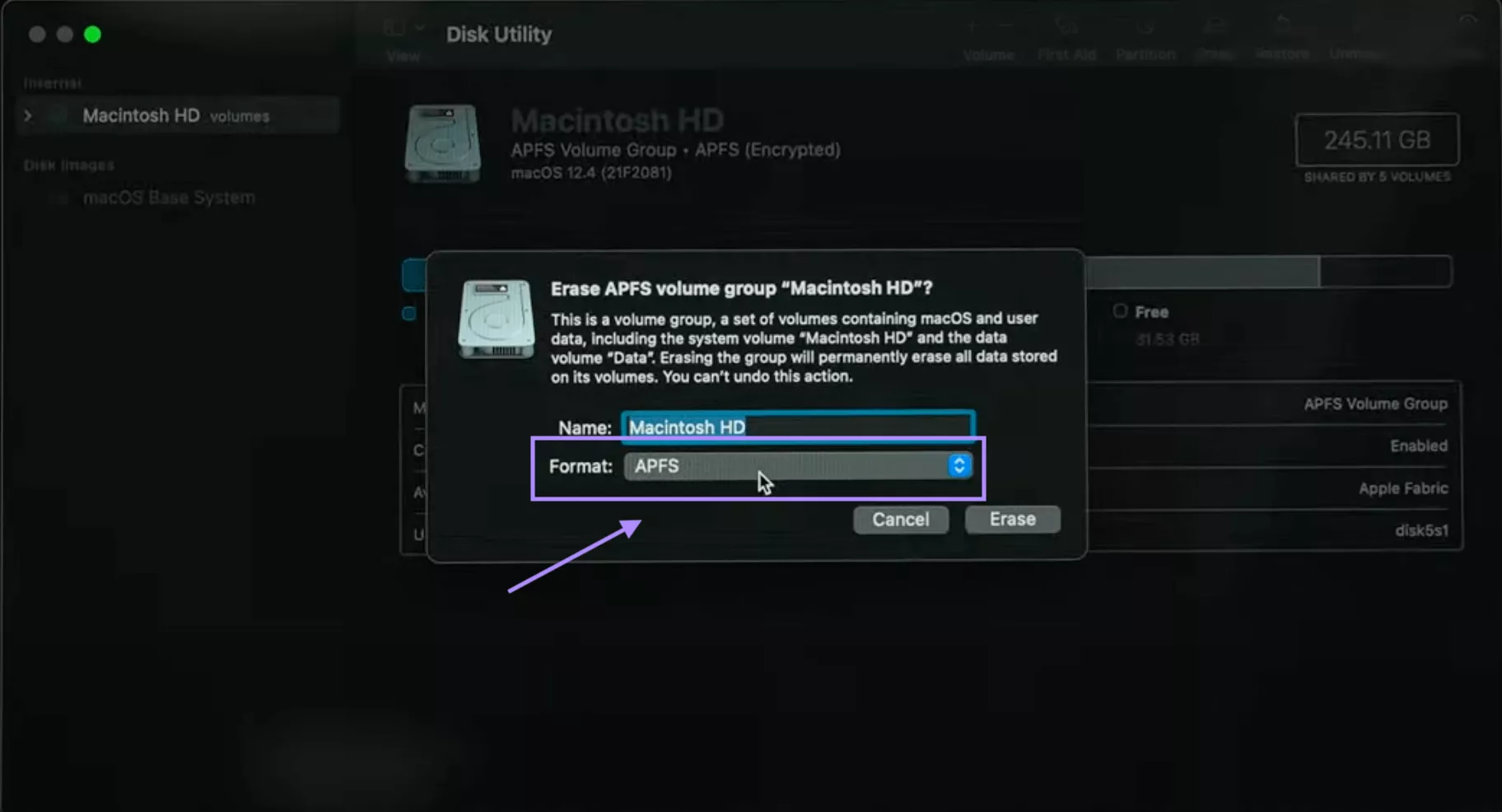 select format APFS to erase mac