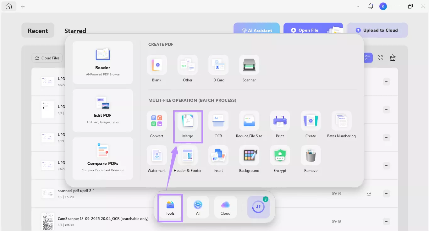 Alt-text: select merge under tools updf windows