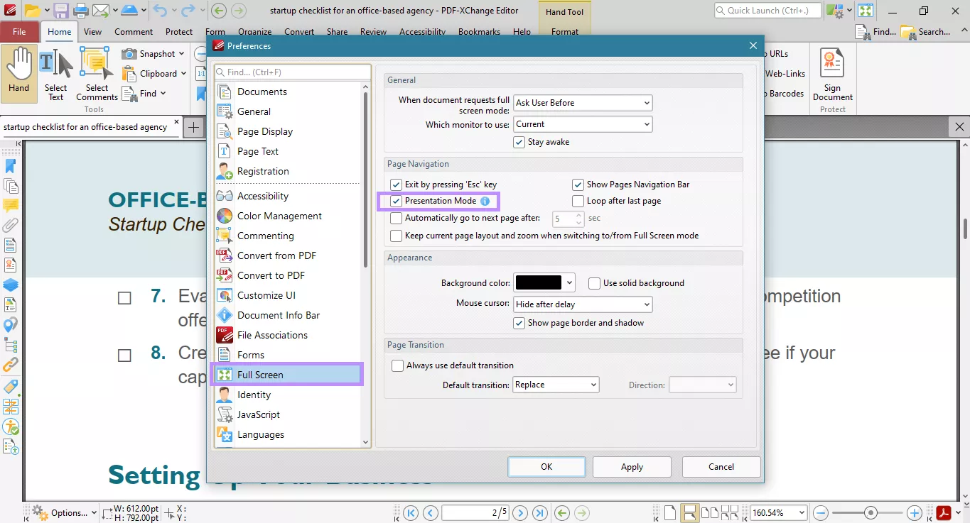 uncheck presentation mode under full screen pdf xchange editor