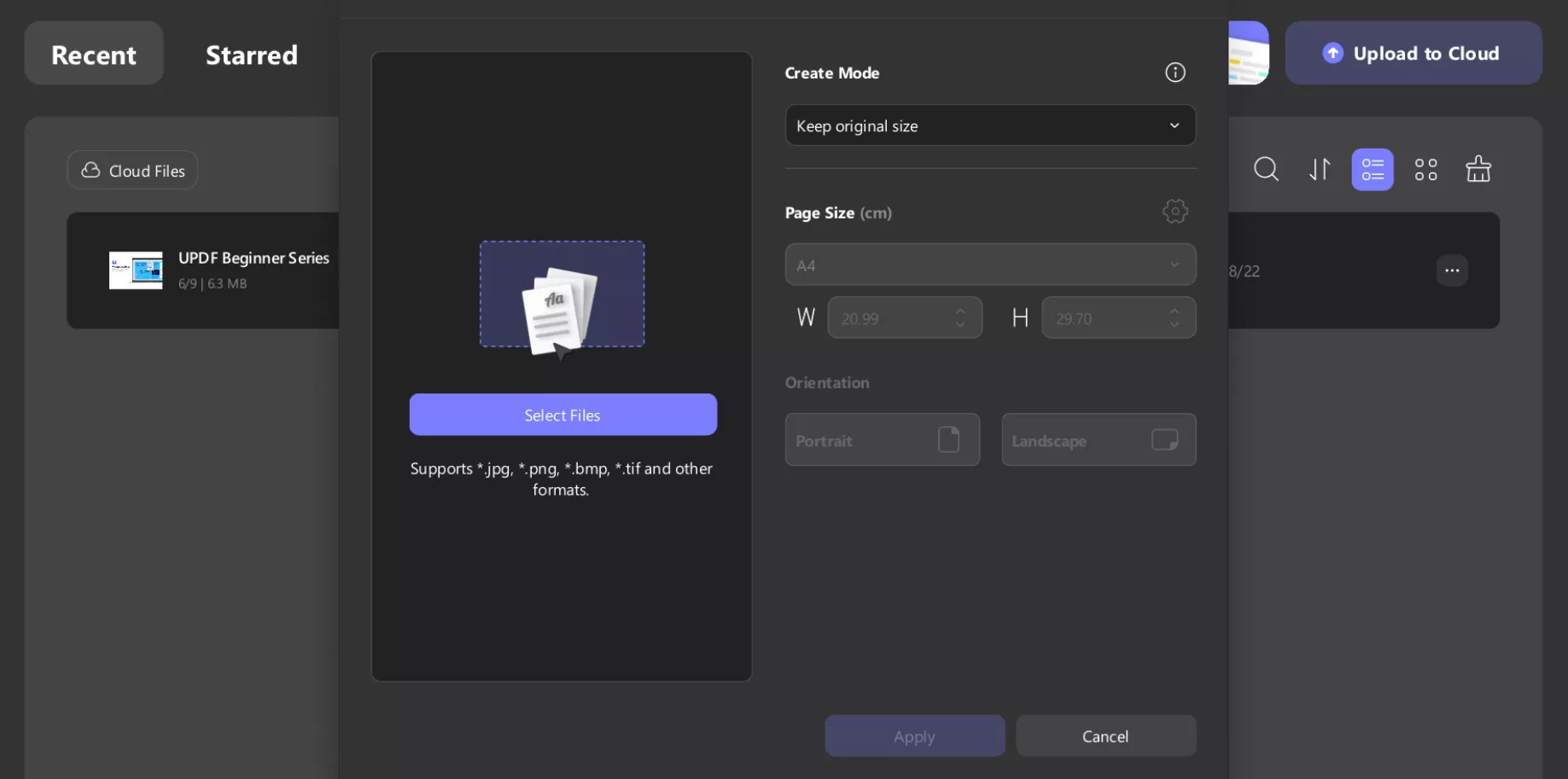 updf pop-up window with options to adjust page size, orientation, and margins