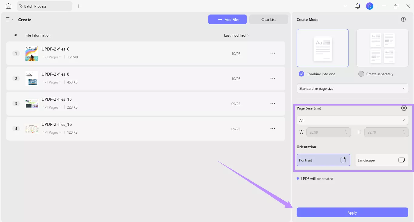 adjust page size and orientation and click apply updf windows