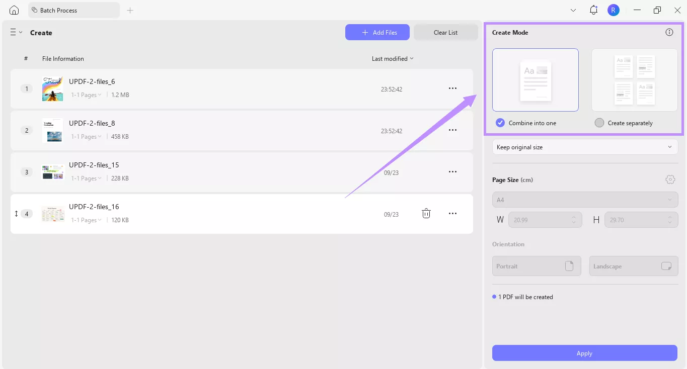 choose a create mode for bulk converting tiff to pdf updf windows