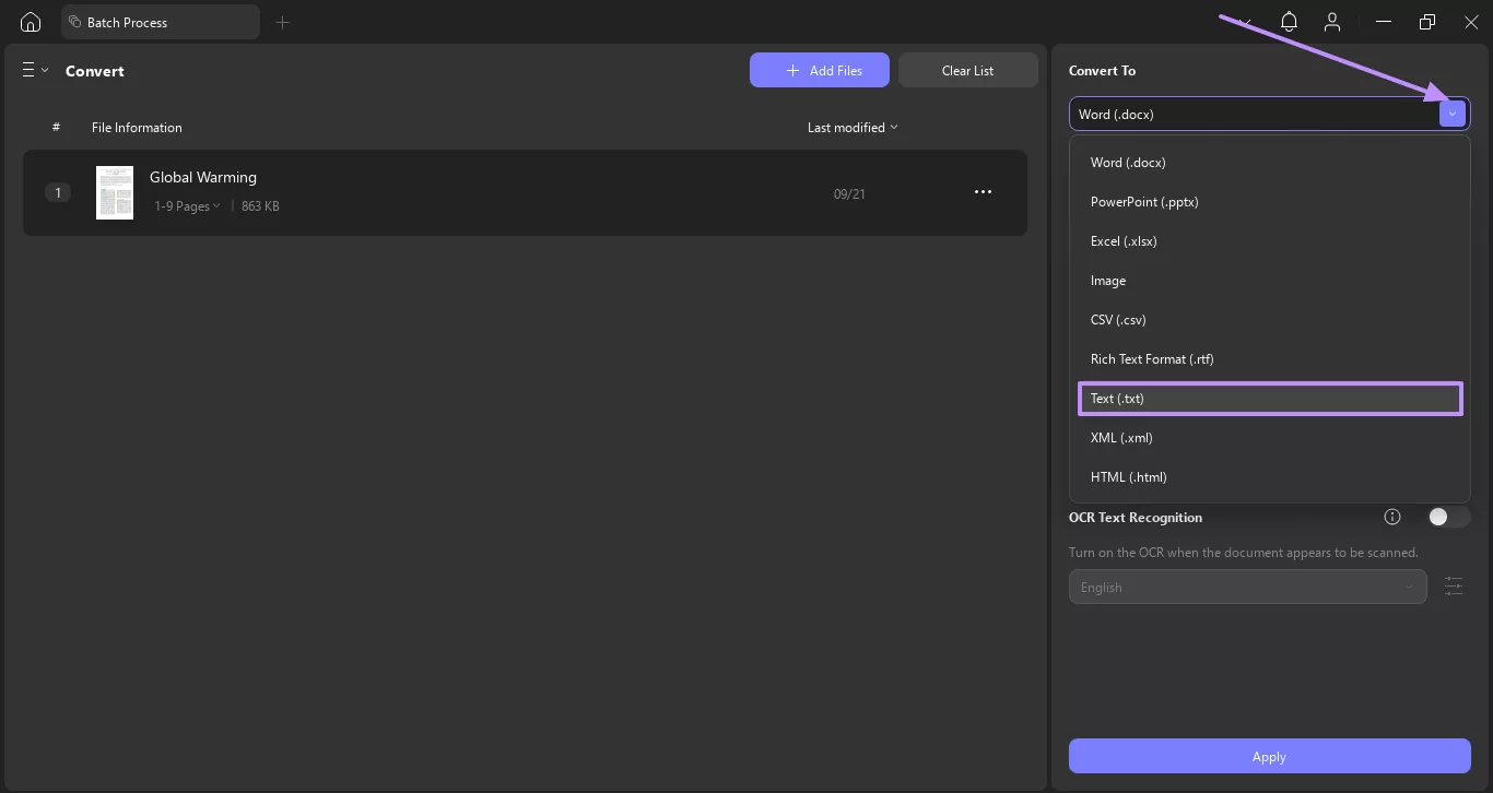 choose text as target format updf windows