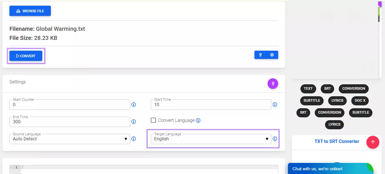 convert text file to srt toolslick