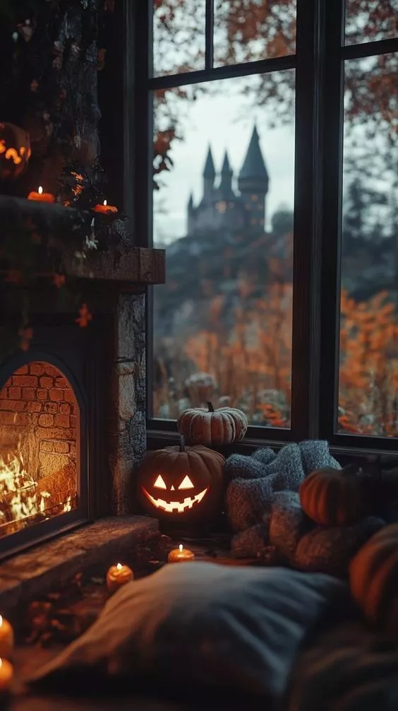 cozy halloween room wallpaper