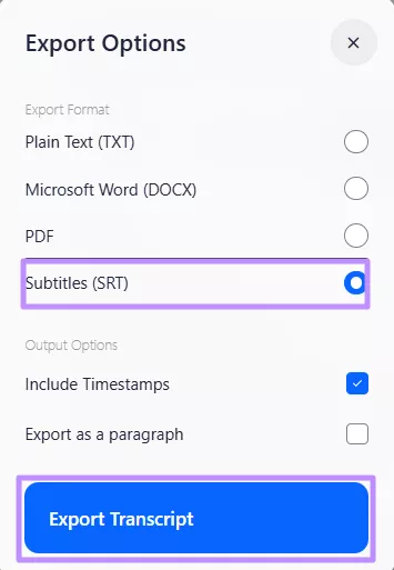 export transcribed file as srt 1transcribe