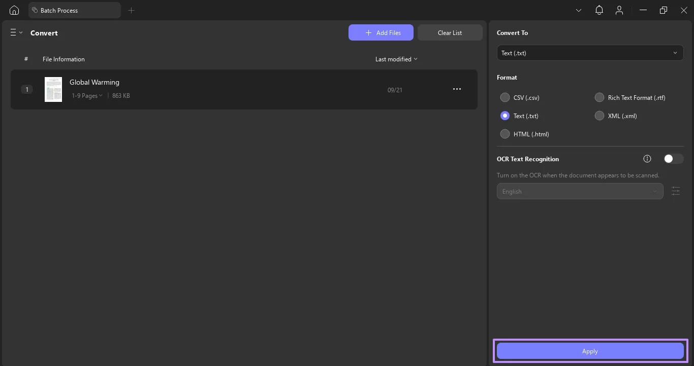 hit apply to start conversion updf windows