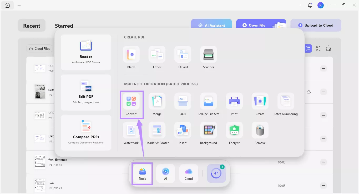 select convert under tools updf windows