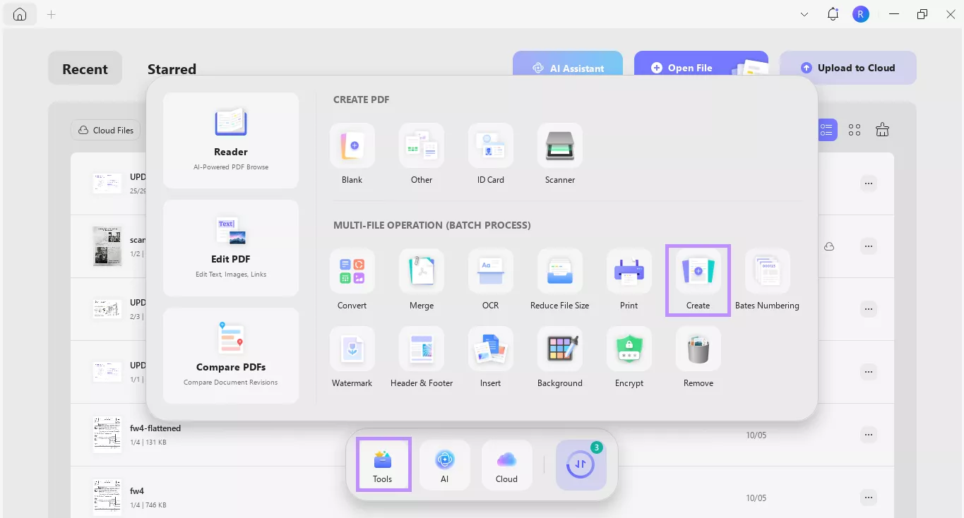 select create under tools updf windows