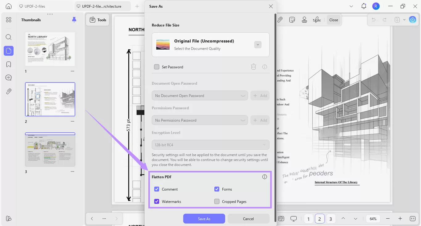select elements to flatten in pdf updf windows