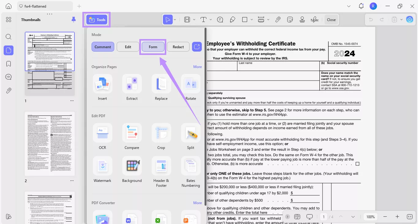 select form under tools updf windows