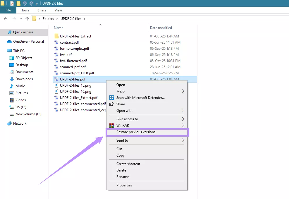 select restore previous versions updf windows