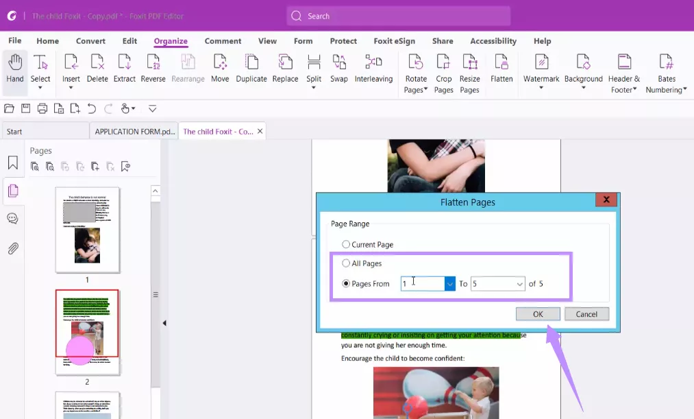 set a page range and click ok to flatten foxit