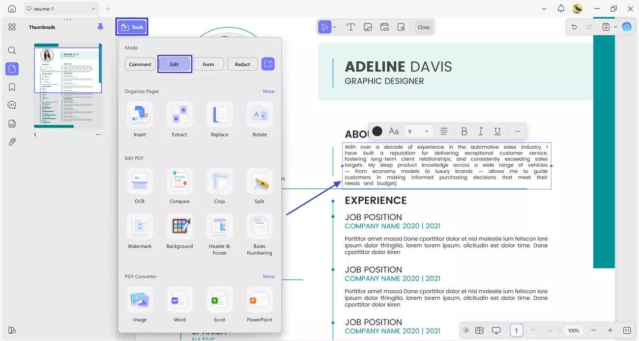 edit resume pdf updf