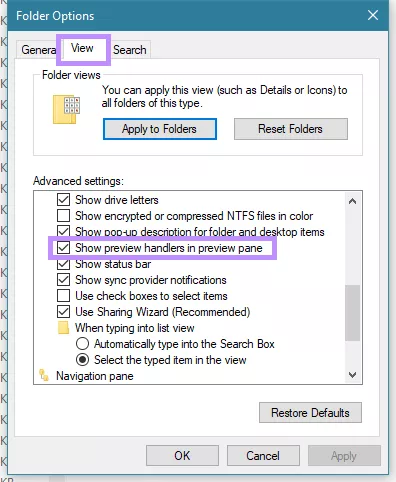 uncheck show preview handlers in preview pane