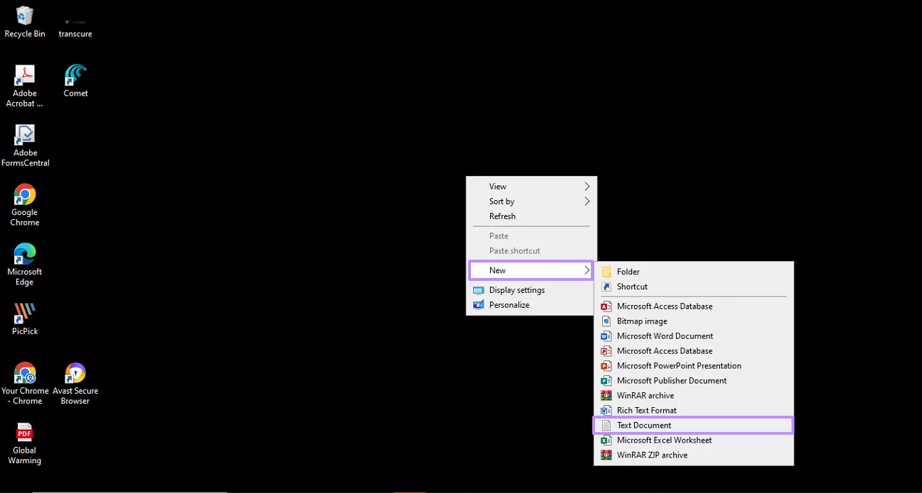 choose new option to create txt document