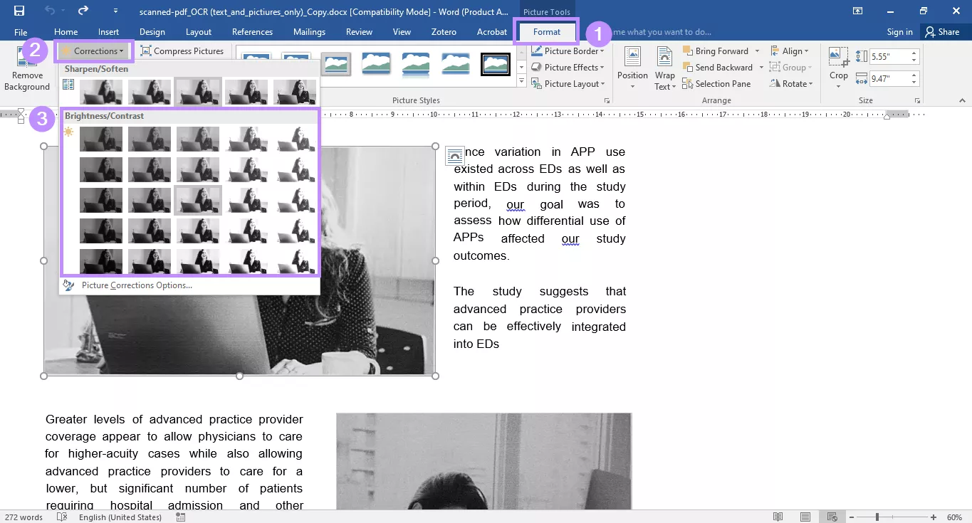apply brightness filters under corrections menu
