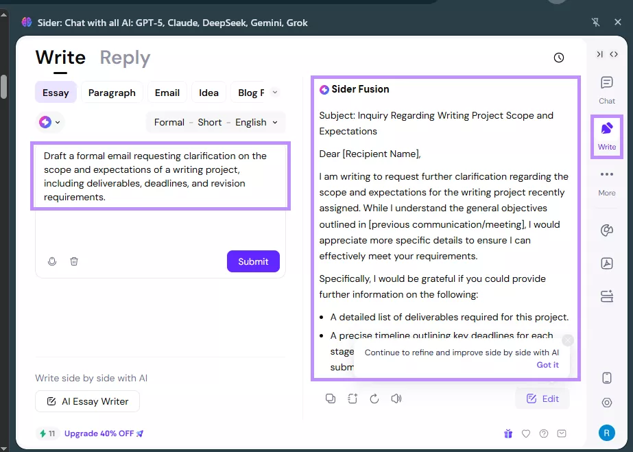 draft email with sider ai