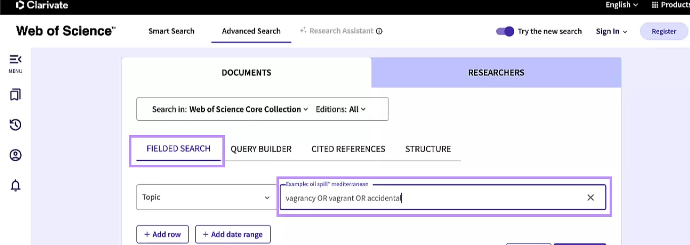 enter keywords in fielded search