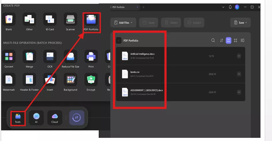 UPDF interface showing creation of a PDF portfolio from multiple documents
