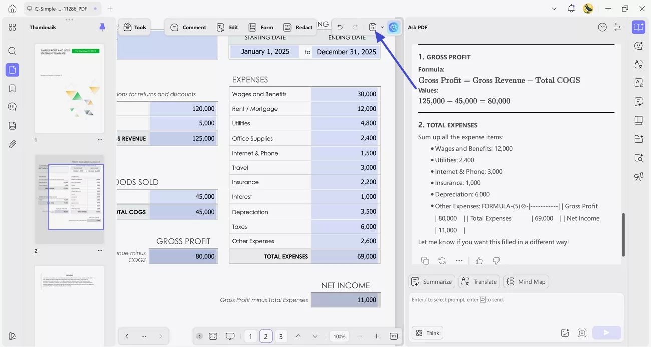 ask ai calculate net income gross profit