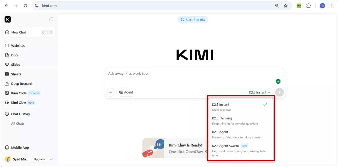 Different modes of kimi k2.5