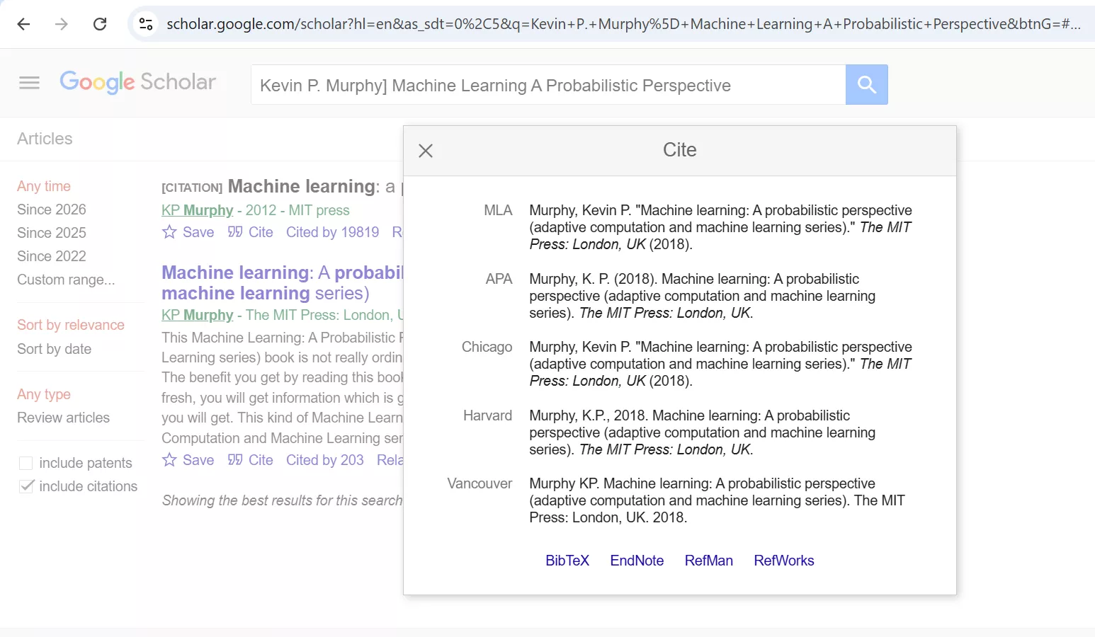 Google Scholar citation in different styles 