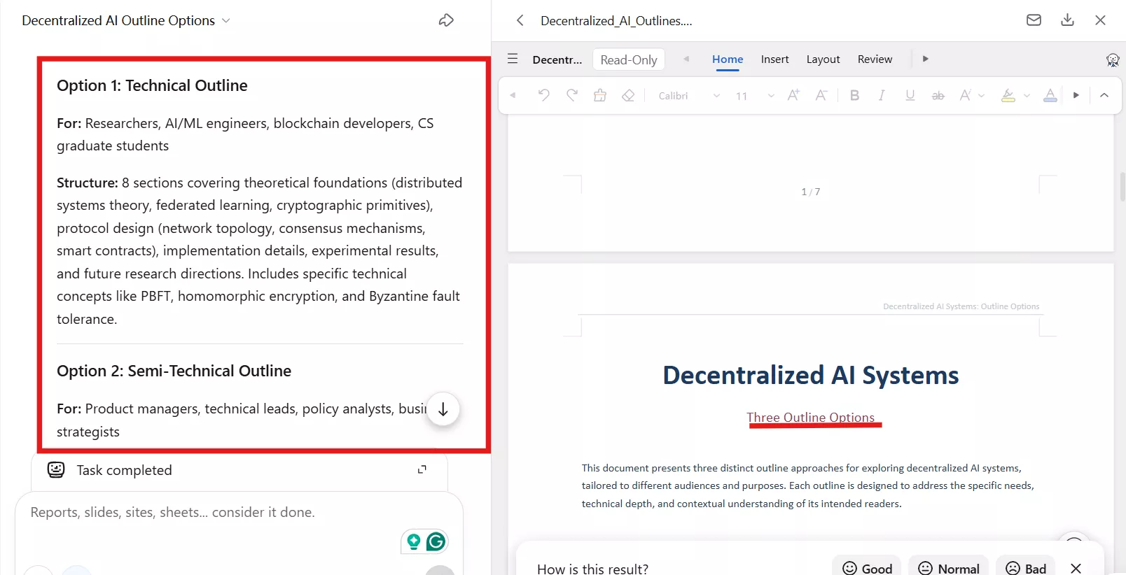 Kimi K2.5 generating multiple outline options for different audience levels