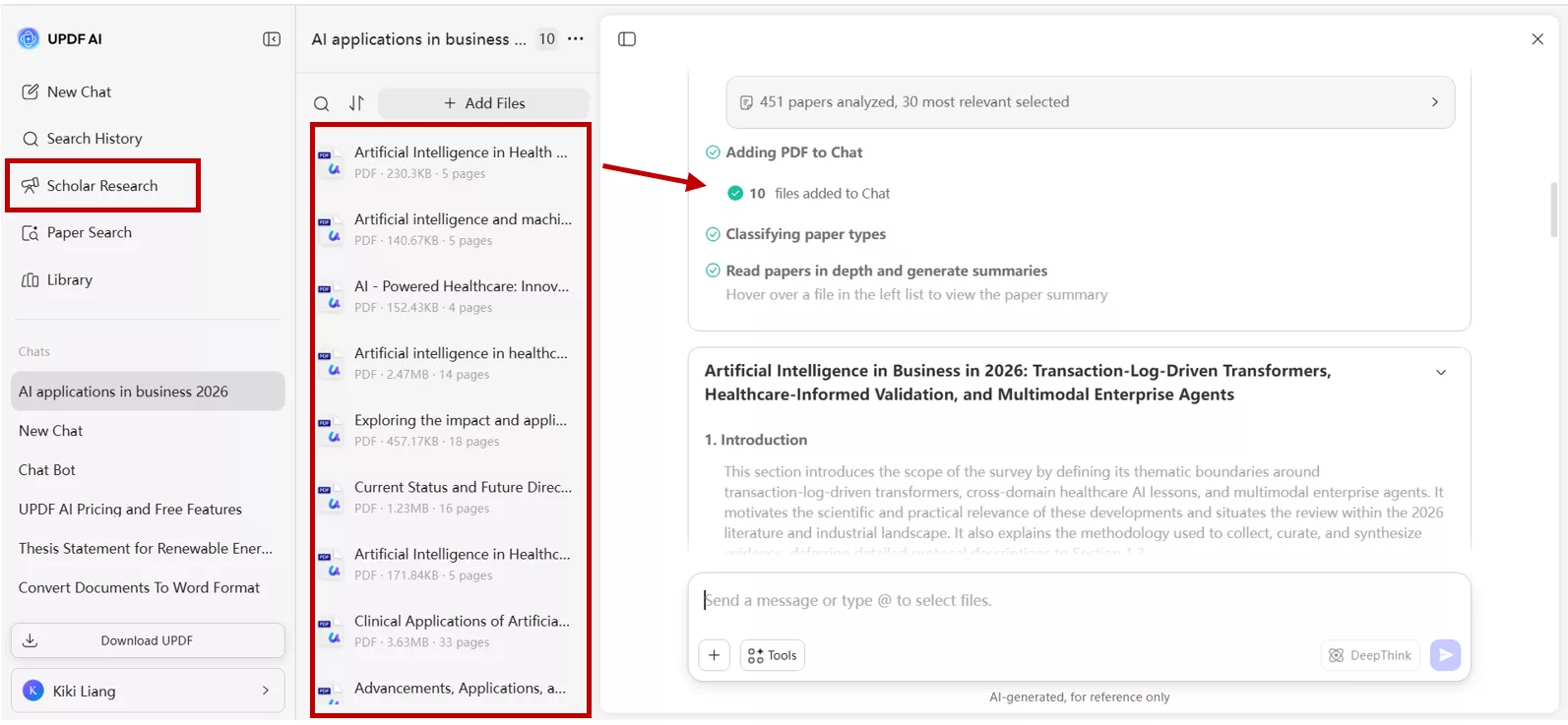 Literature review with scholarly research in UPDF AI 