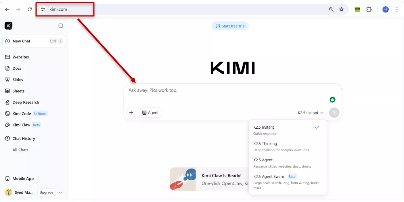 accessing kimi k2.5 using web