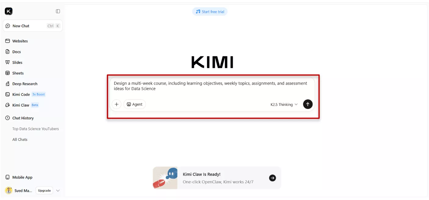 asking kimi to generate multi-week course