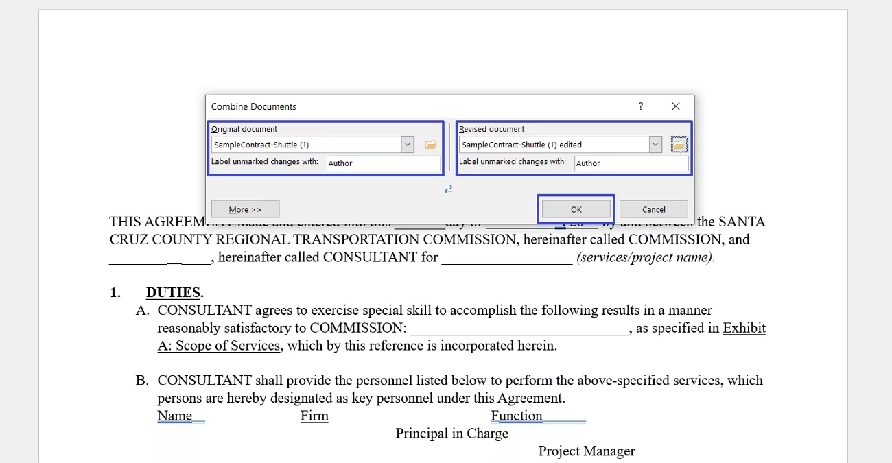 select original revised word document compare
