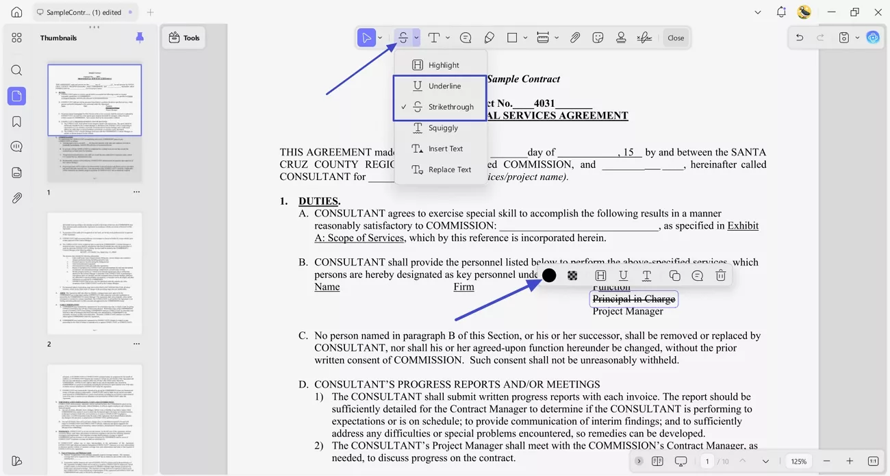 use strikethrough underline tool changes
