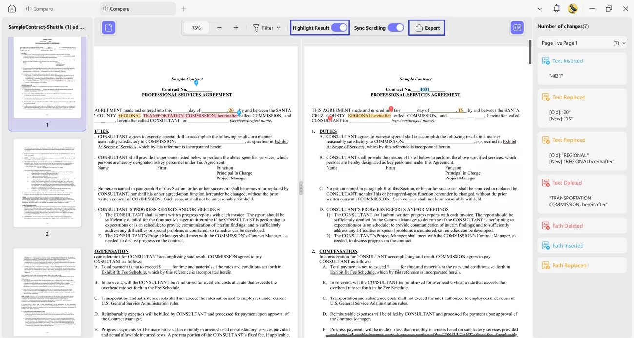 export document highlighted changes