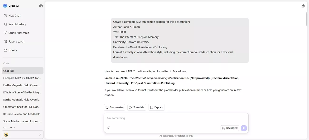 updf ai online generate citations