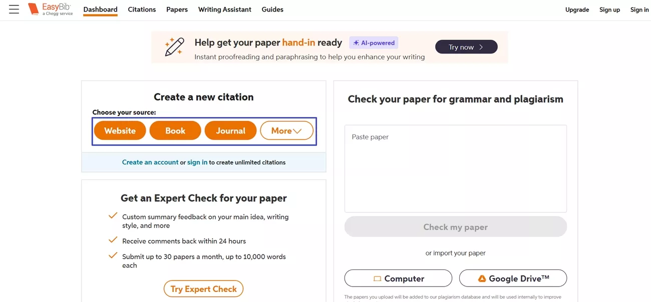 choose citation source type easybib